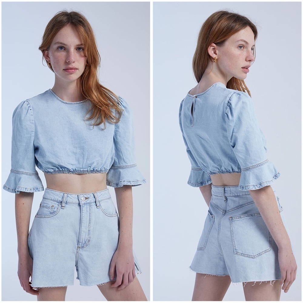 Revolve WeWoreWhat Cropped Denim Top Indigo Comfort Super Light Size Medium